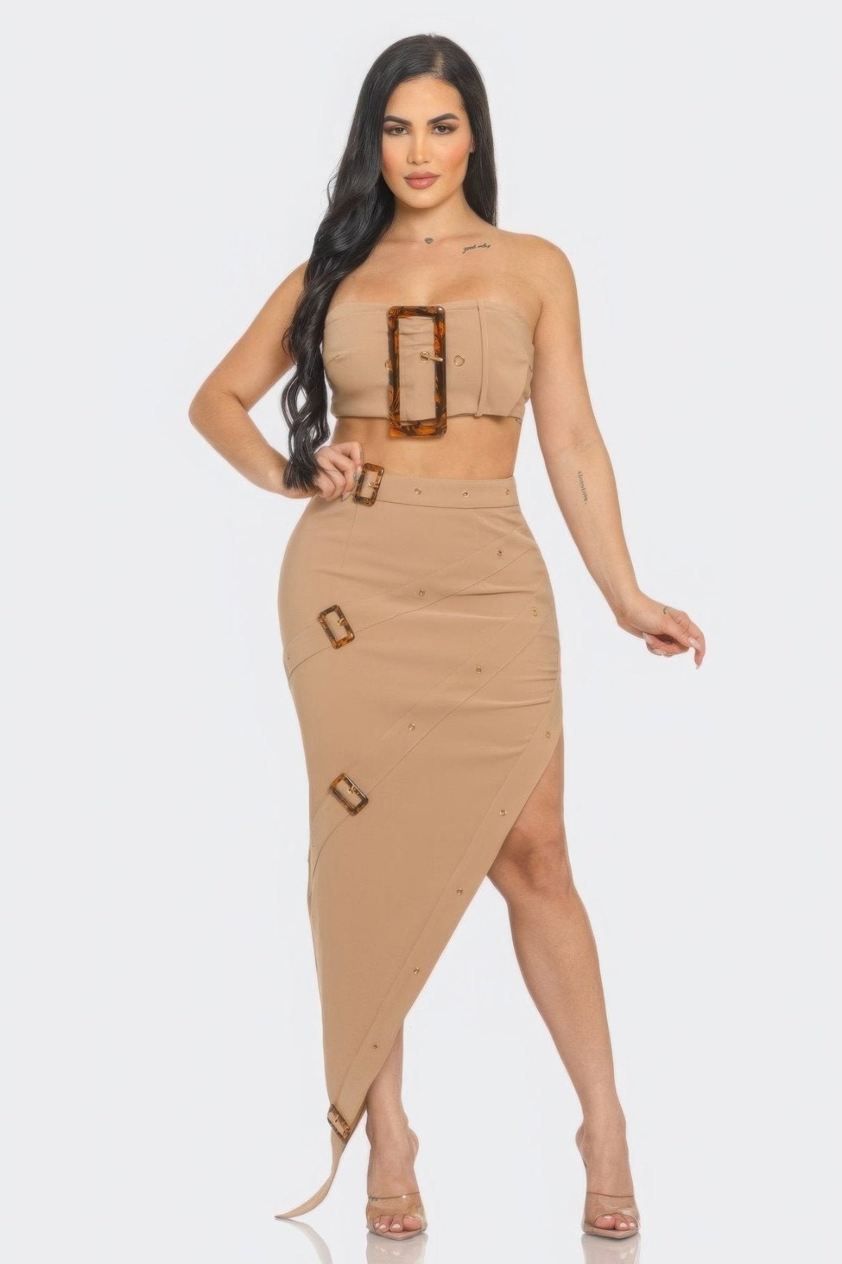 Taupe Belt Buckle Crop Top & Skirt Set