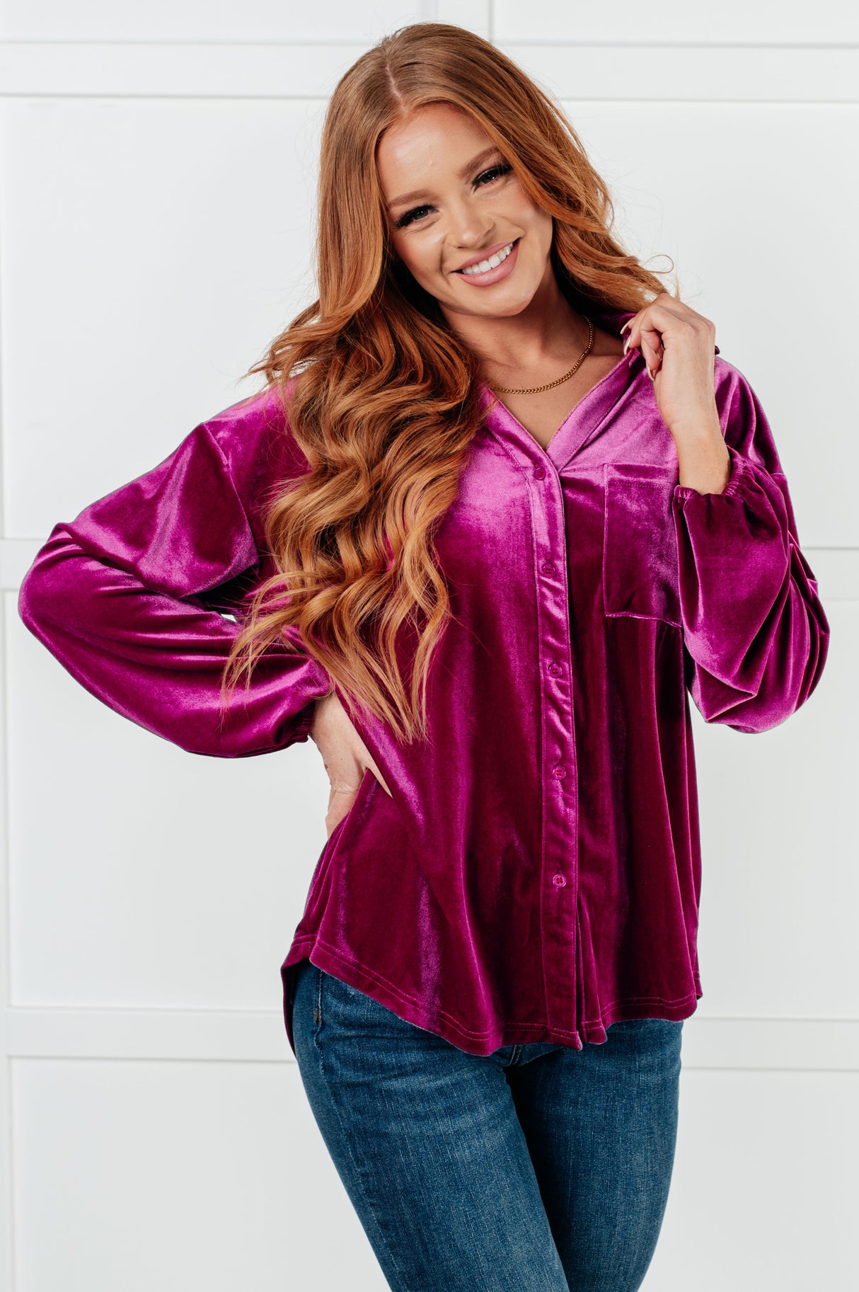 Purple Velvet Balloon Sleeve Top