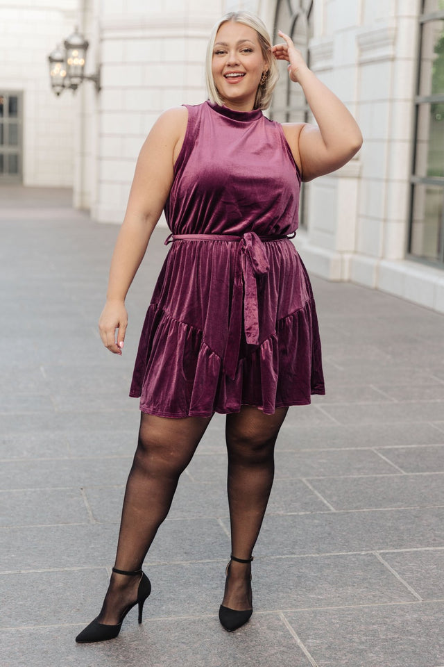 plus size Velvet Ruffle Dress in Plum