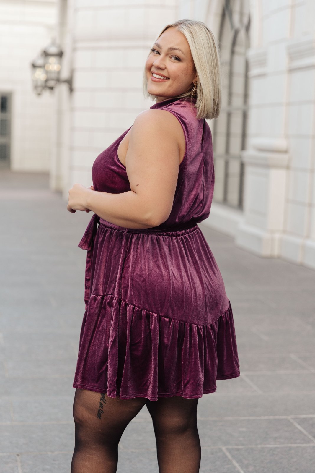 plus size Velvet Ruffle Dress in Plum side view