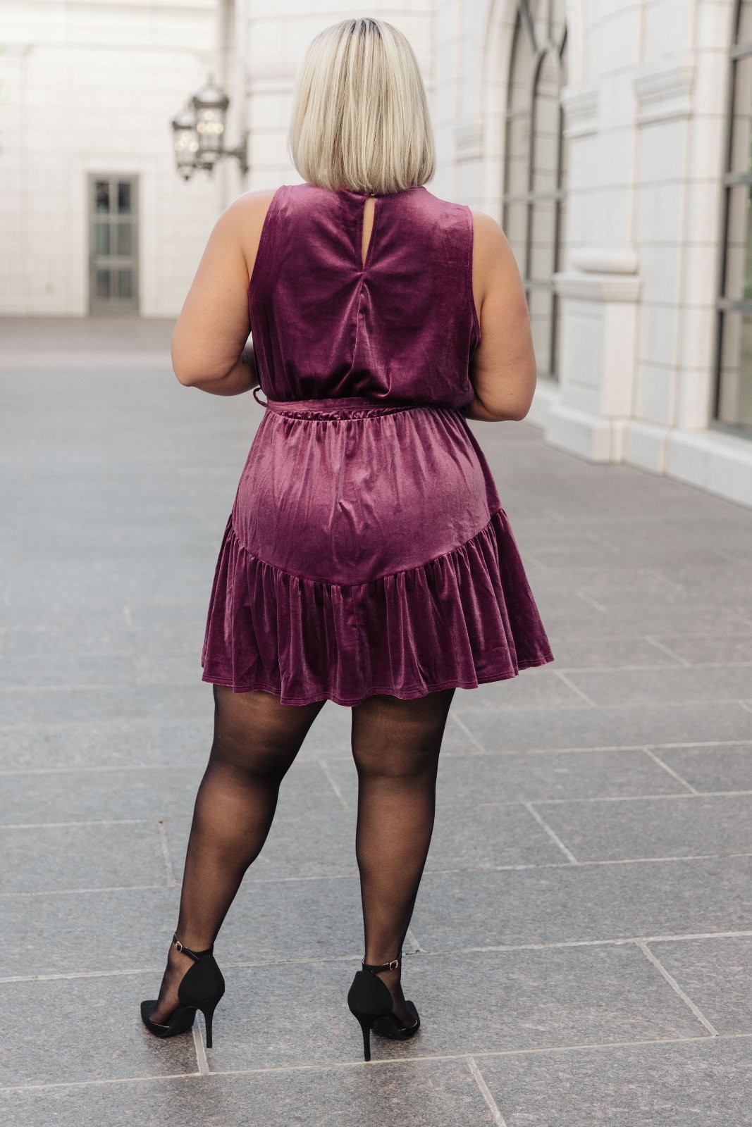 plus size Velvet Ruffle Dress in Plum back view