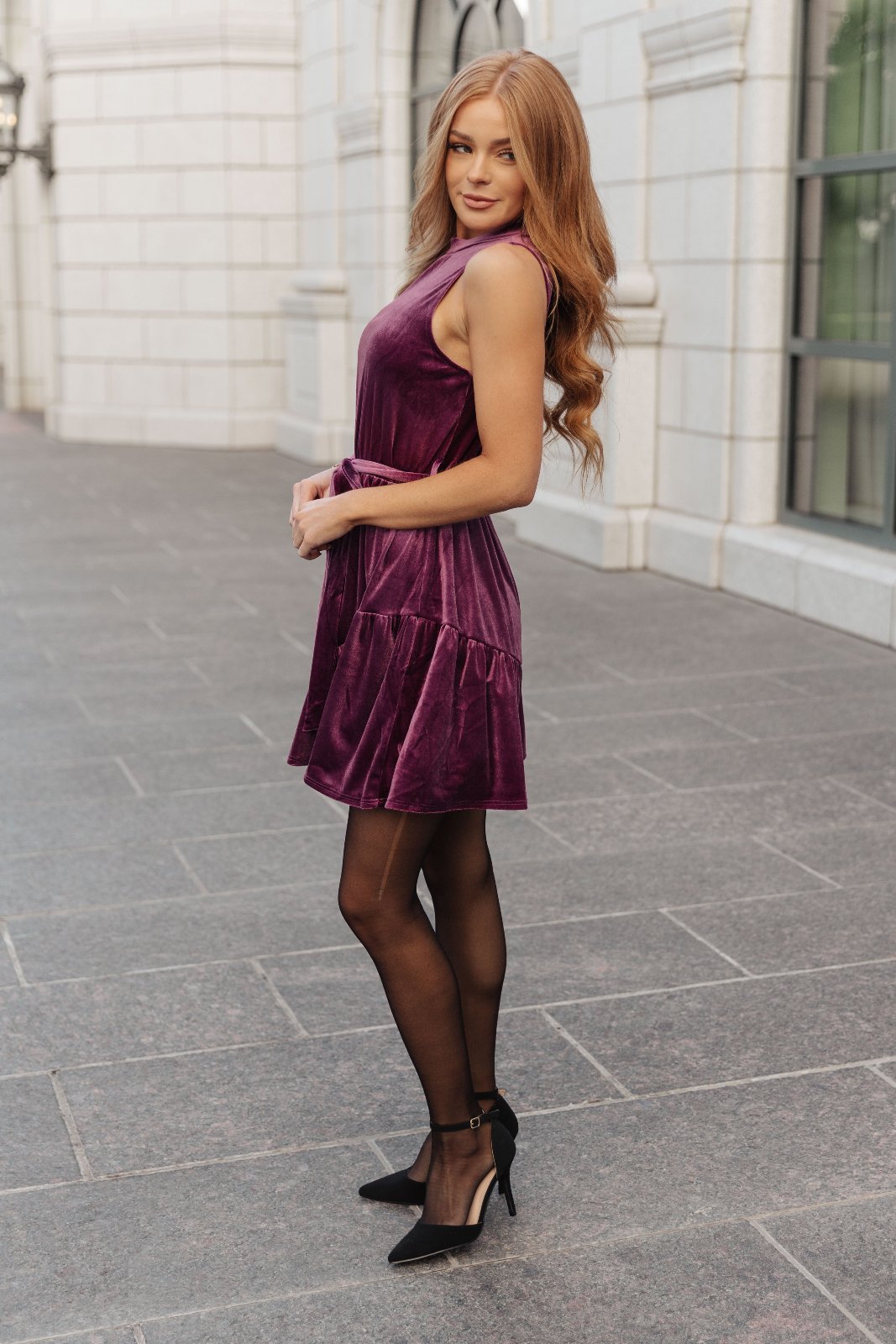 size small Velvet Ruffle Dress in Plum side view