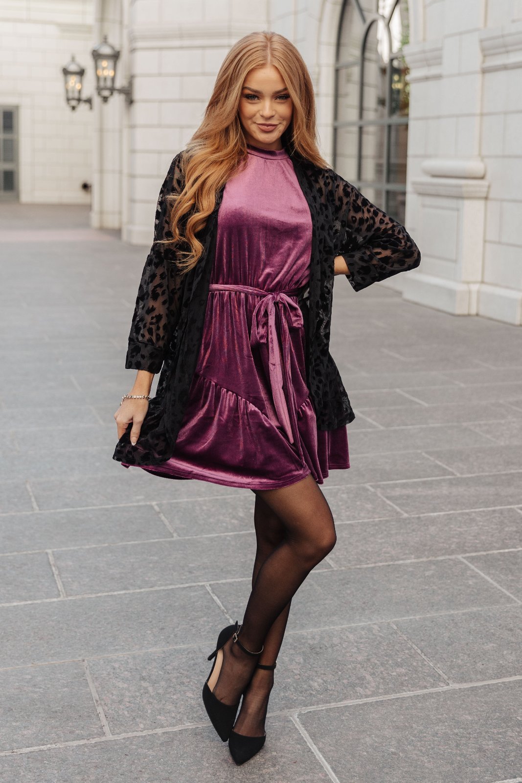 Velvet Ruffle Dress in Plum