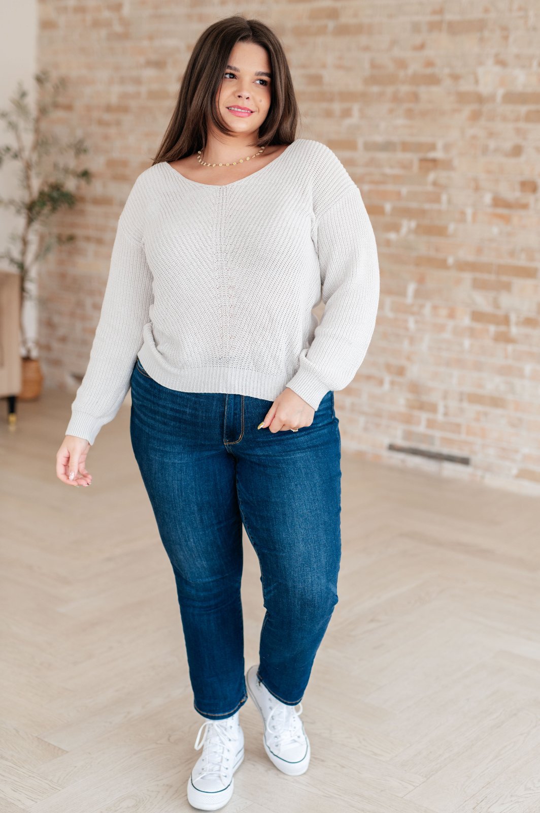 Ivory Ribbed Knit V Neck Sweater