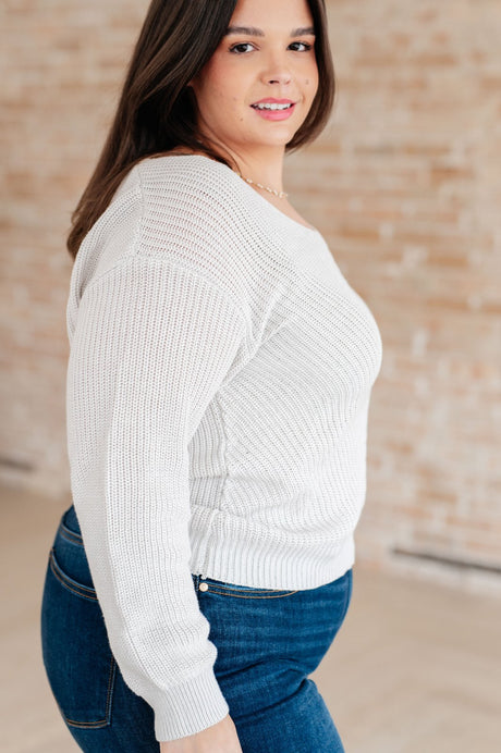 Ivory Ribbed Knit V Neck Sweater