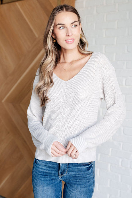 Ivory Ribbed Knit V Neck Sweater