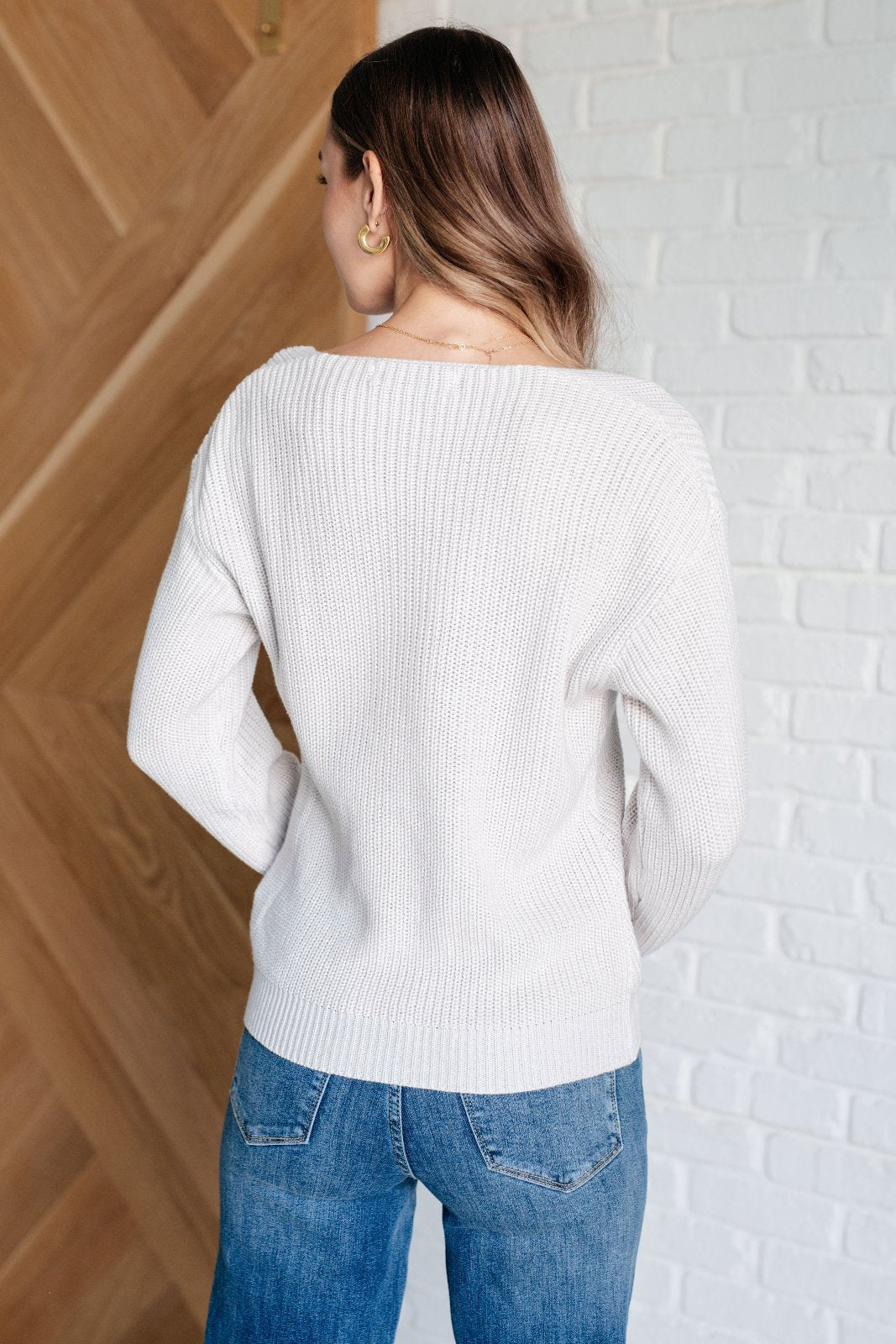 Ivory Ribbed Knit V Neck Sweater