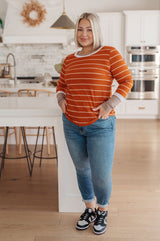 Orange Color Block Cuff Long Sleeve Tee full view on plus size model