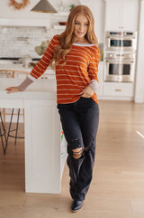 Orange Color Block Cuff Long Sleeve Tee full view on size small model