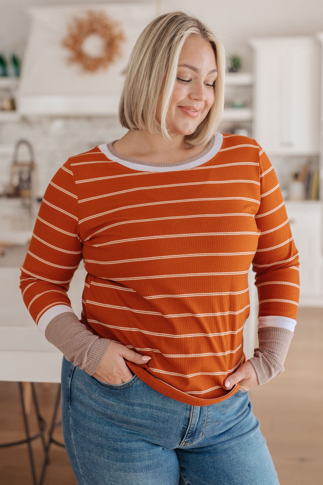 Plus Size Orange Color Block Cuff Long Sleeve Tee front view