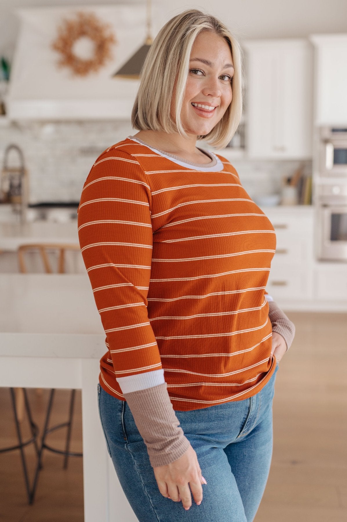 Plus Size Orange Color Block Cuff Long Sleeve Tee side view