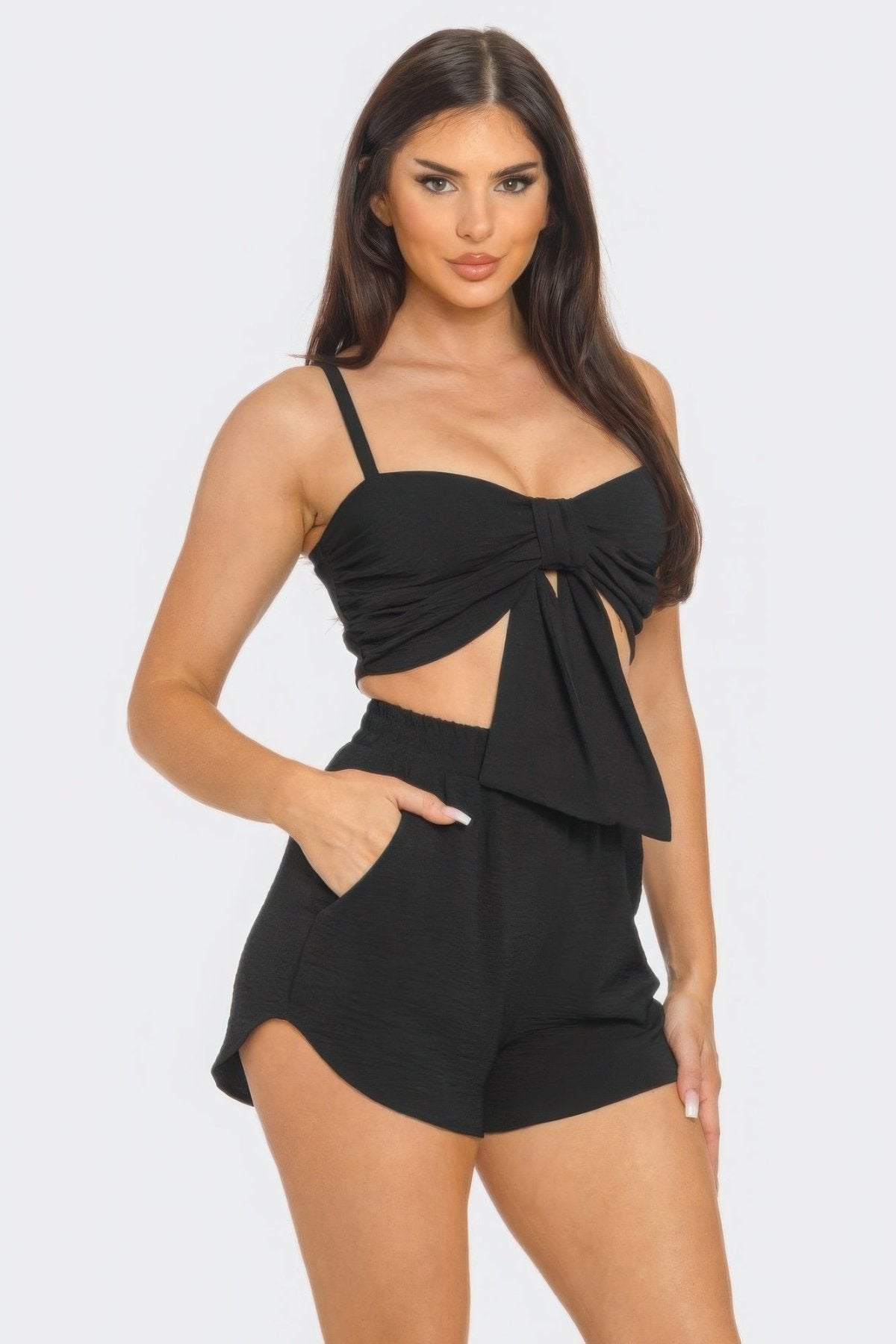 Black Twisted Bow Bra Top & Shorts Set