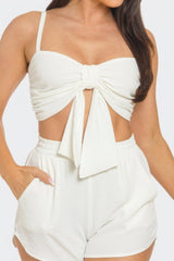 White Twisted Bow Bra Top & Shorts Set