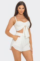 White Twisted Bow Bra Top & Shorts Set