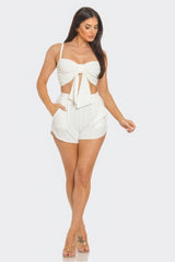 White Twisted Bow Bra Top & Shorts Set