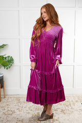 side view Velvet Tiered Maxi Dress in Plum