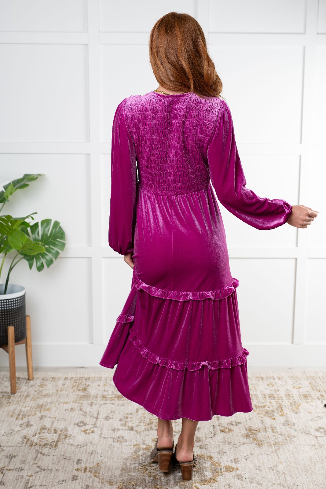 back view Velvet Tiered Maxi Dress in Plum