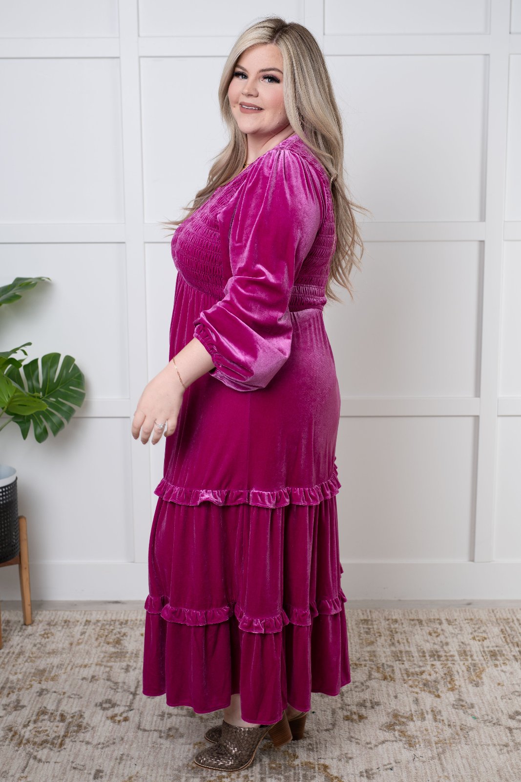 Velvet Tiered Maxi Dress in Plum plus size side view