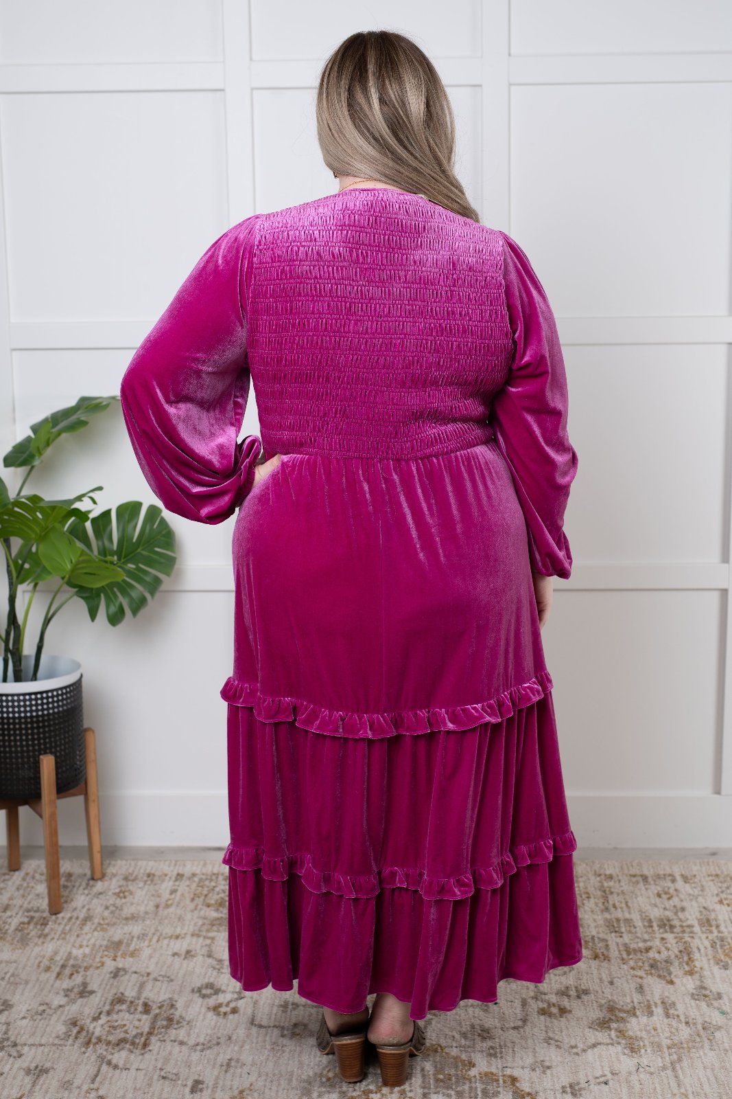 plus size back view Velvet Tiered Maxi Dress in Plum