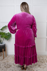 plus size back view Velvet Tiered Maxi Dress in Plum