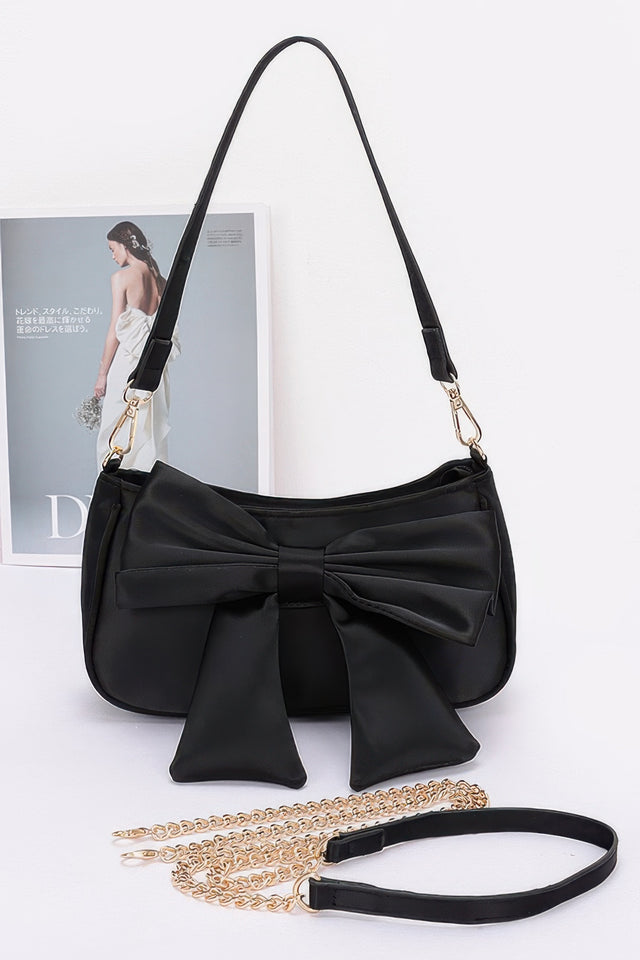 Black Satin Bow Shoulder Bag