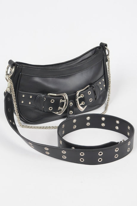 Black Faux Leather Stud Double Buckles Shoulder Bag