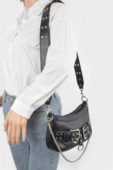 Black Faux Leather Stud Double Buckles Shoulder Bag