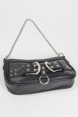 Black Faux Leather Stud Double Buckles Shoulder Bag