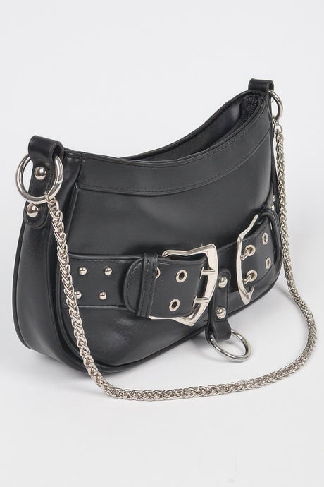 Black Faux Leather Stud Double Buckles Shoulder Bag