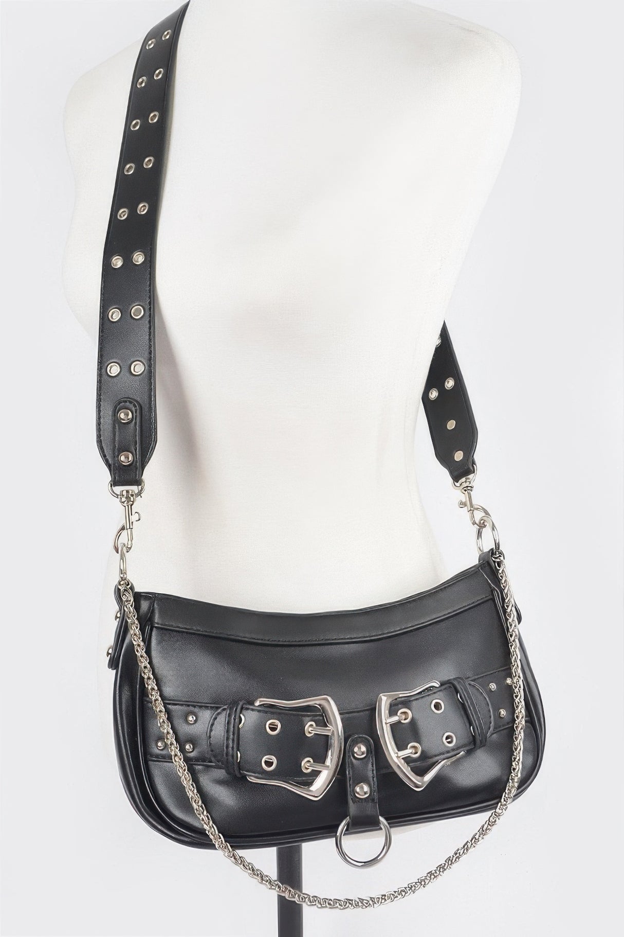 Black Faux Leather Stud Double Buckles Shoulder Bag