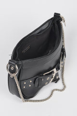 Black Faux Leather Stud Double Buckles Shoulder Bag