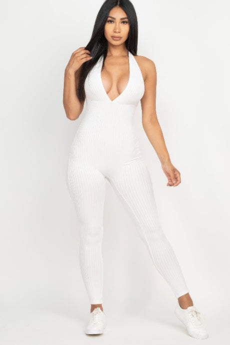 front view of white Halter V Neck Ribbed Bodycon Catsuits Jumpsuit