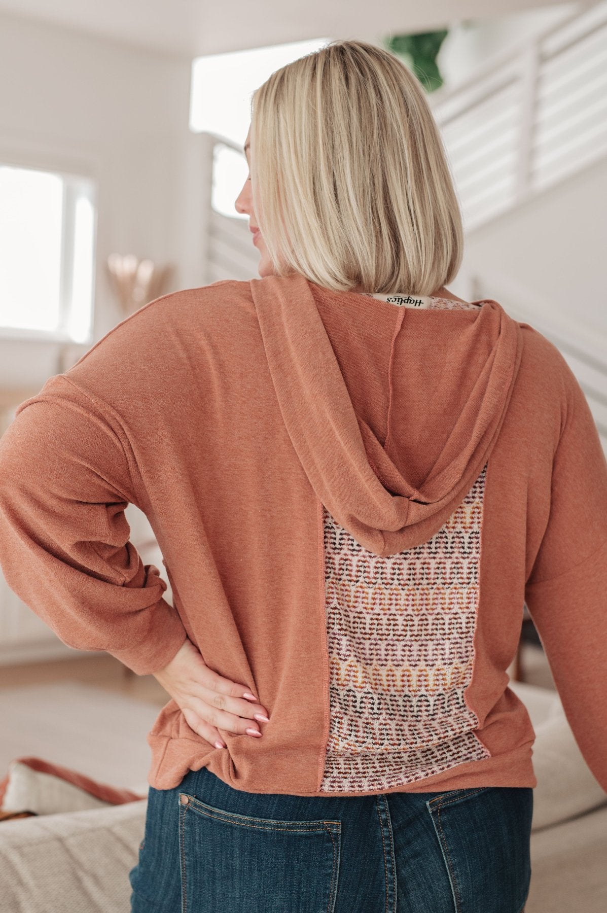 back view of Plus Size Textured Jersey Knit Hoodie in Rust