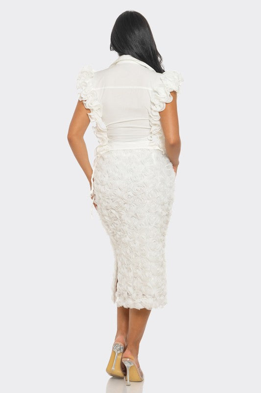 White Rosette Embellished Skirt Set