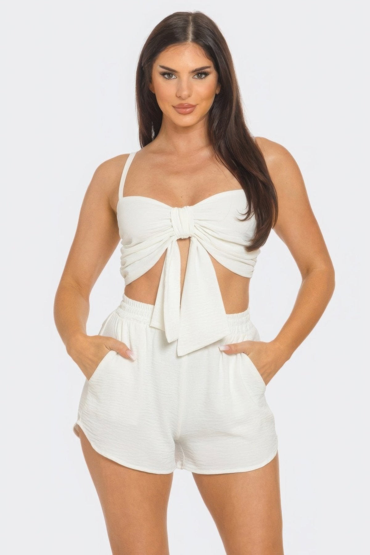 White Twisted Bow Bra Top & Shorts Set