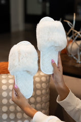 White Plush Faux Rabbit Fur Slide Slippers