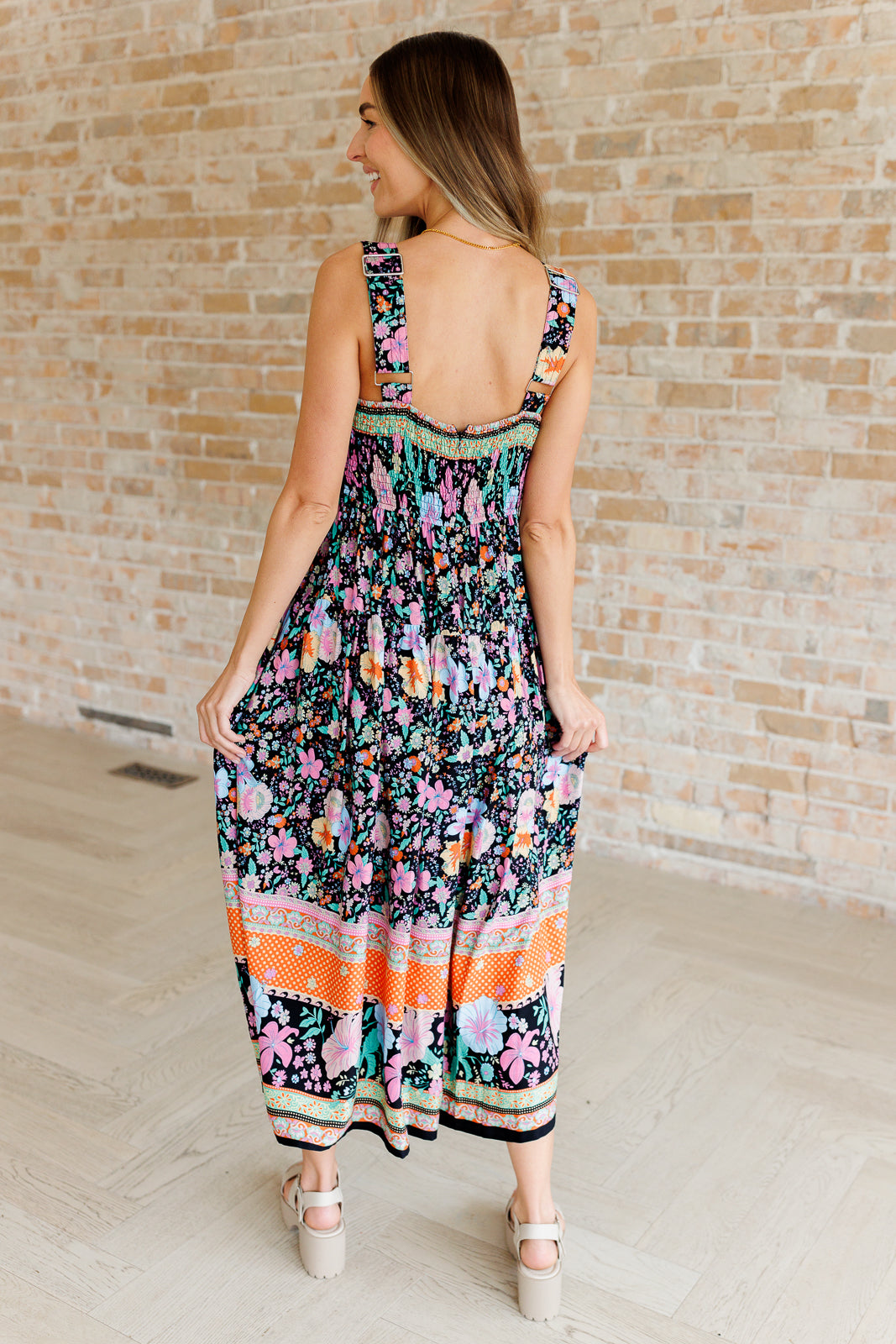 multi-color floral print maxi dress on a size small model back view