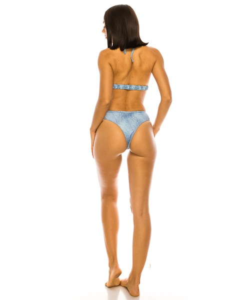 back view of model wearing Two Piece Denim Print Bikini