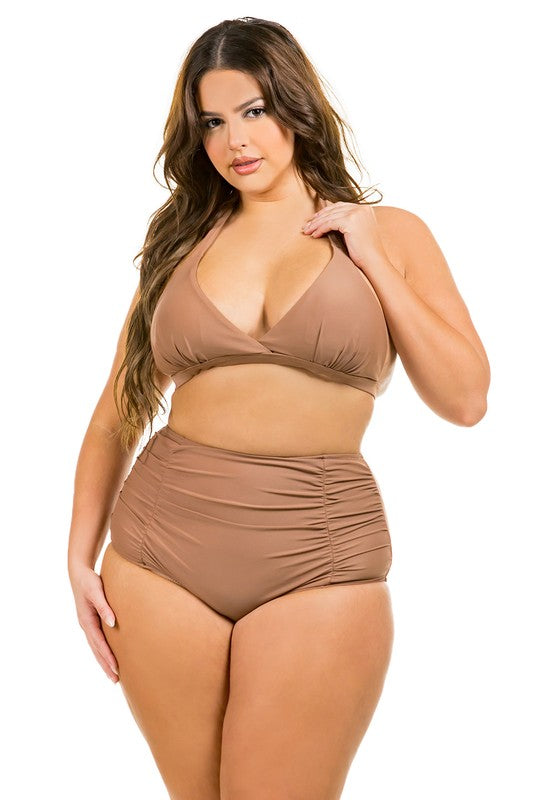 front view of coffee Plus Size Ruched Front High Waisted Bikini