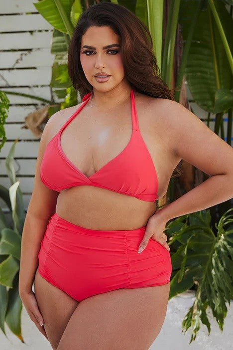 front view of model wearing red Plus Size Ruched Front High Waisted Bikini