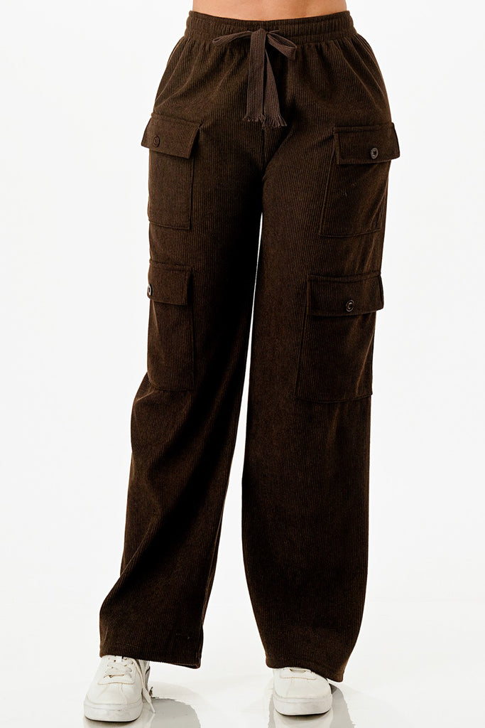close up of model wearing dark brown Tie Front Corduroy Cargo Pants