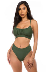 modle wearing hunter green Ruched Top High Waisted Bikini 