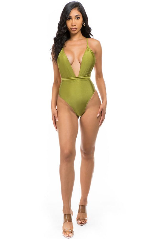 model wearing olive Low V-Neck One Piece Swimsuit
