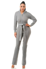 Grey Belted Thick Knit Hooded Jumpsuit front