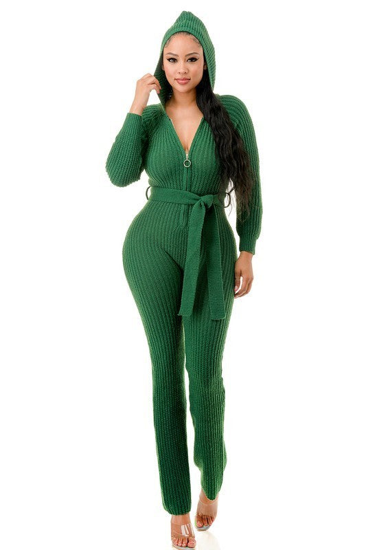 Green Belted Thick Knit Hooded Jumpsuit