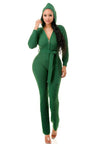 Green Belted Thick Knit Hooded Jumpsuit