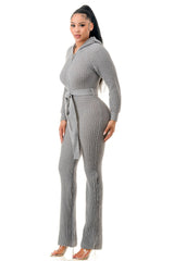 Grey Belted Thick Knit Hooded Jumpsuit side