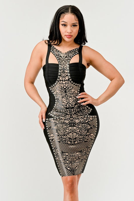 Black & Beige Aztec Print Bandage Dress