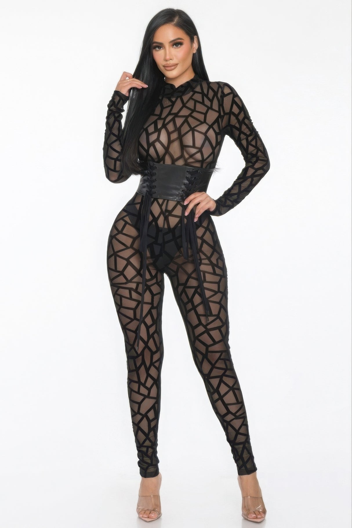 Black See Through Geometric Printed Jersey Jumpsuit