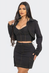 Black Three Piece Cropped Jacket Skirt Set